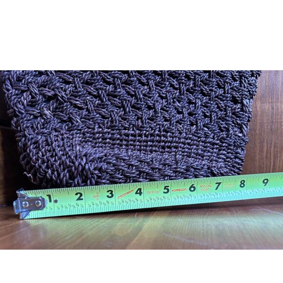 White Stag Straw Macrame Woven Handbag Dark Brown Wood Handles Boho 10" x 8" - Picture 11 of 12